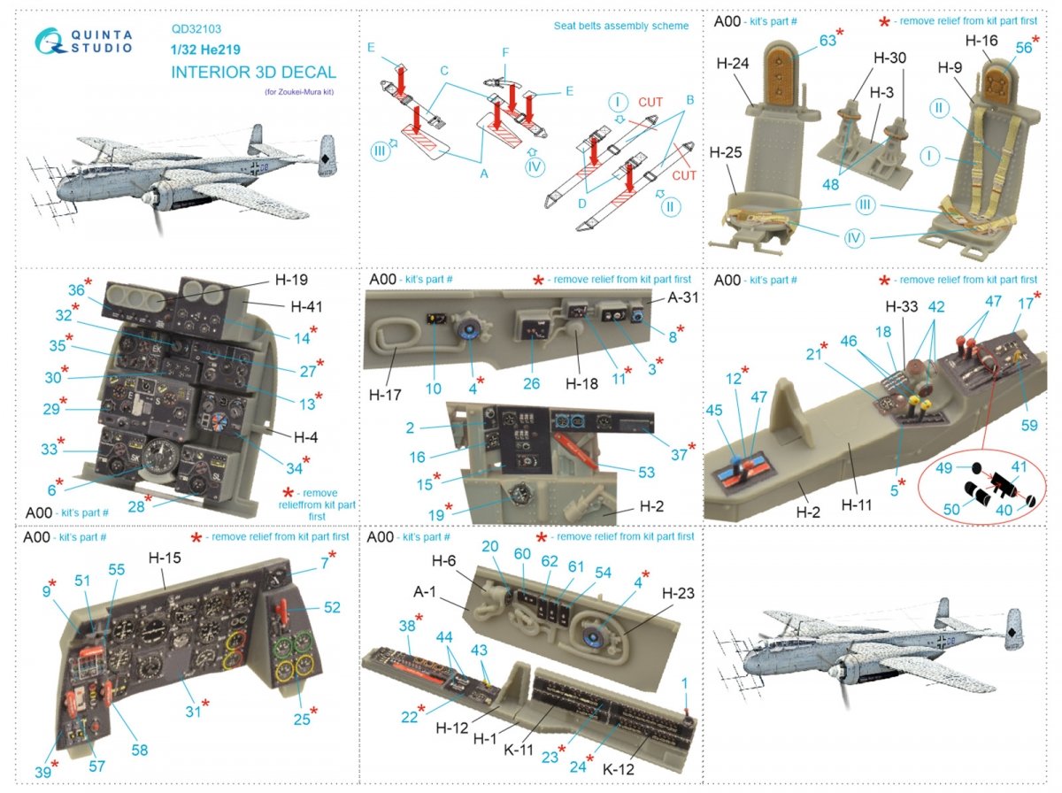 Quinta Studio QD32103 He 219 3D-Printed &amp;amp; coloured Interior on decal paper ( ZM SWS ) 1/32 – immagine 2