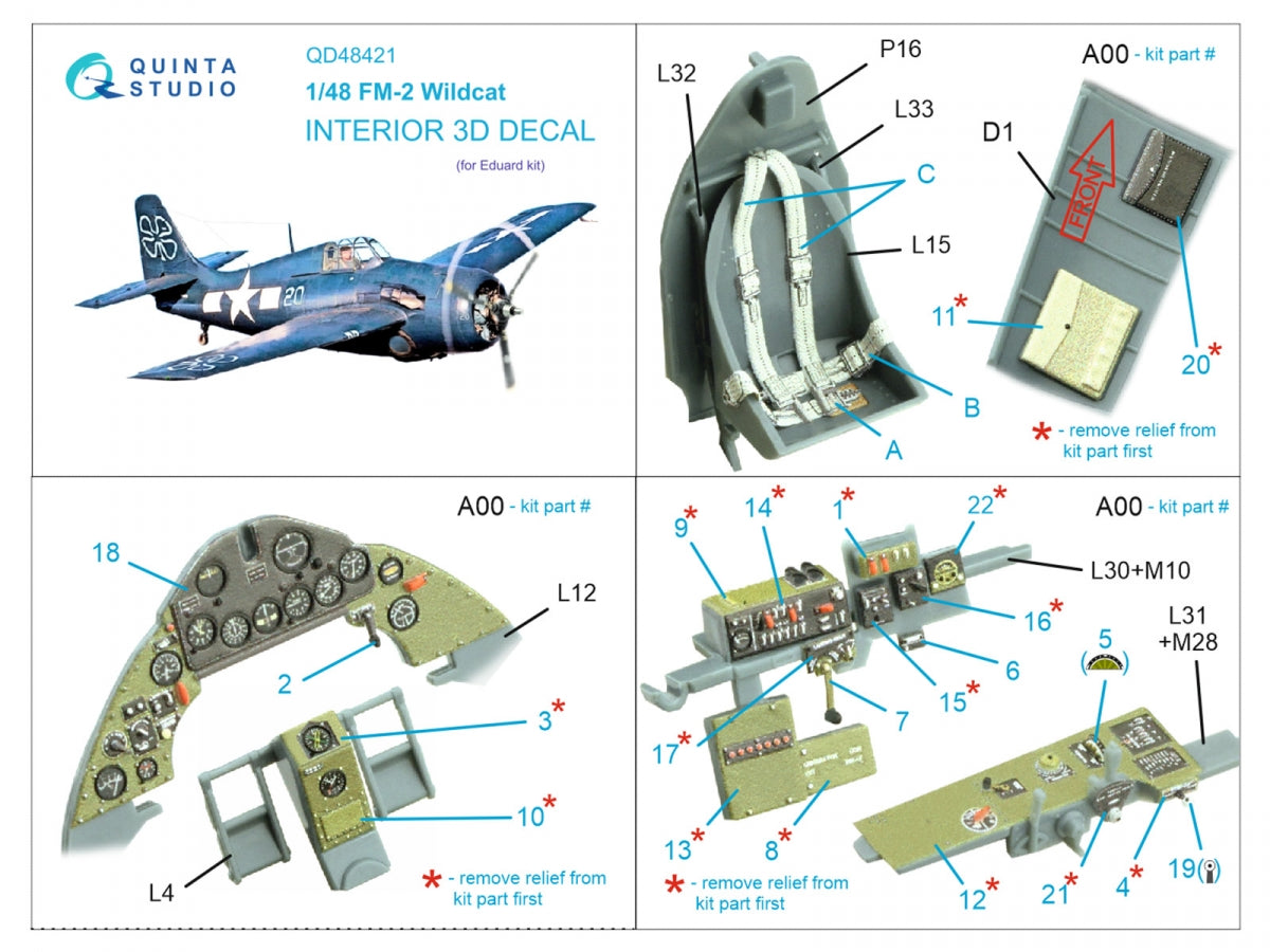 Quinta Studio QD48421 FM-2 Wildcat 3D-Printed &amp;amp; coloured Interior on decal paper (Eduard) 1/48 – immagine 2