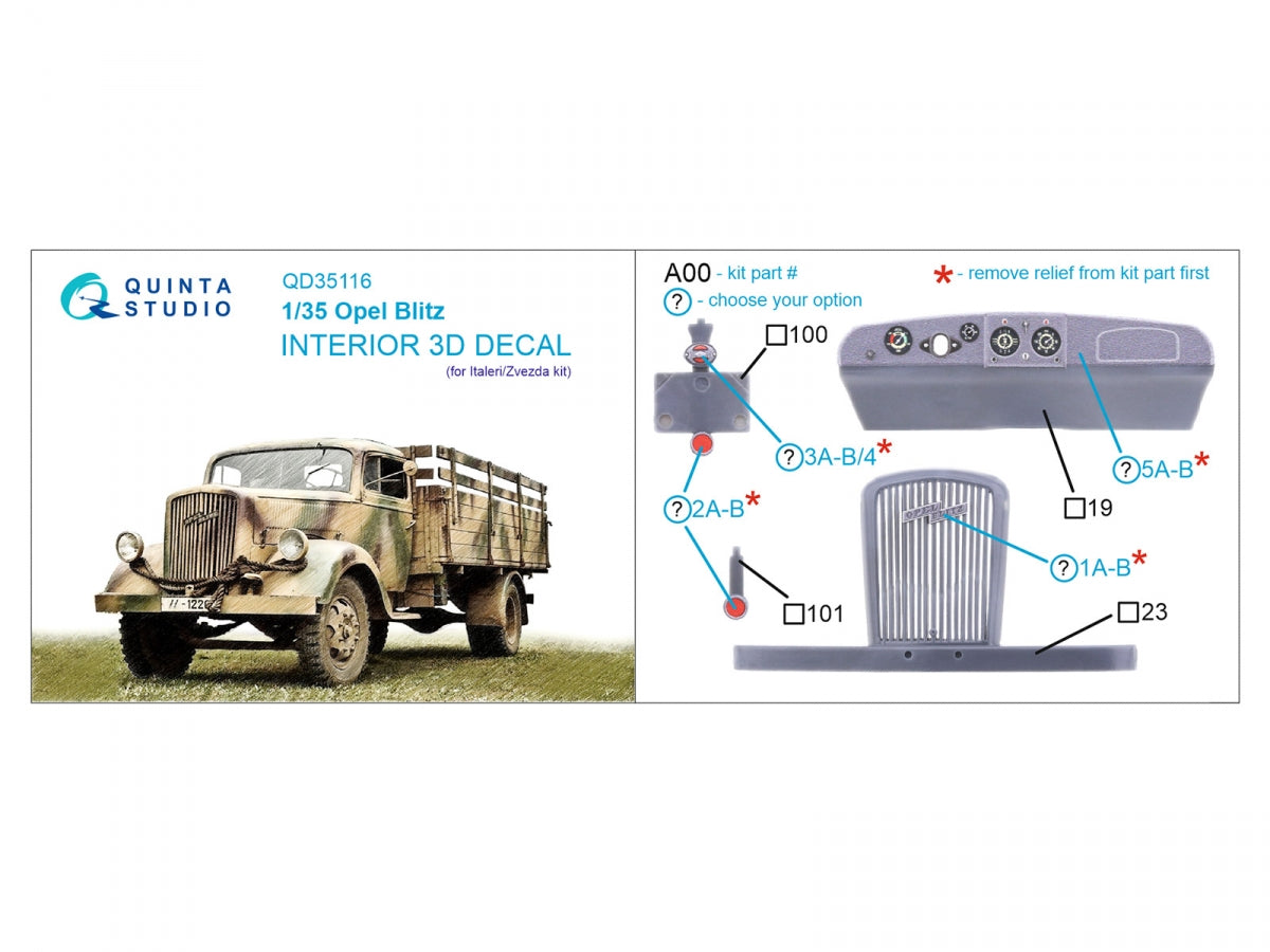 Quinta Studio QD35116 Opel Blitz 3D-Printed &amp;amp; coloured Interior on decal paper (Italeri/Zvezda) 1/35 – immagine 2