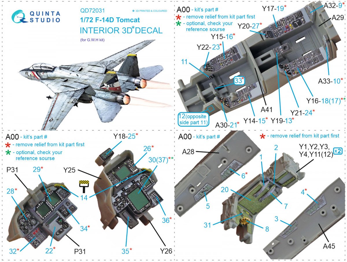 Quinta Studio QD72031 F-14D 3D-Printed &amp;amp; coloured Interior on decal paper (GWH) 1/72 – immagine 11
