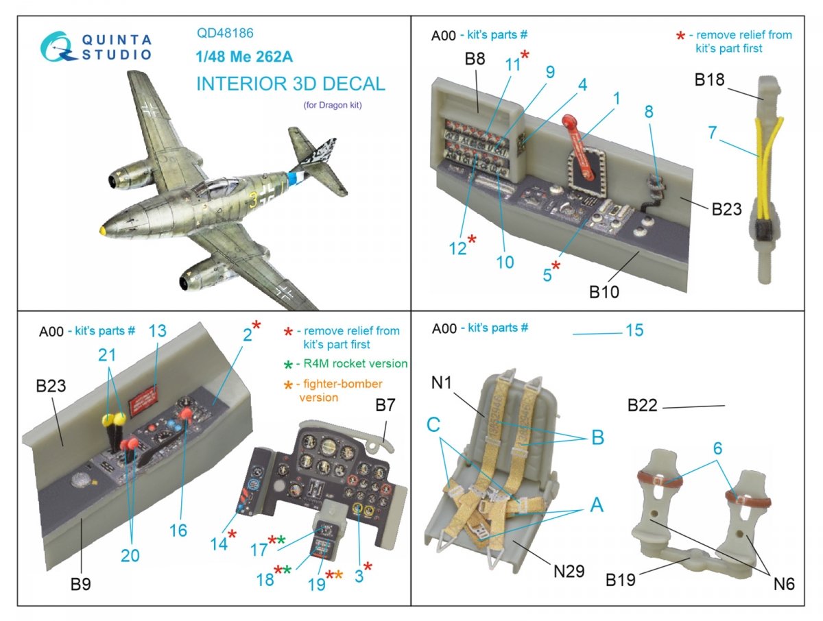 Quinta Studio QD48186 Me 262A 3D-Printed &amp;amp; coloured Interior on decal paper (for Dragon ) 1/48 – immagine 2
