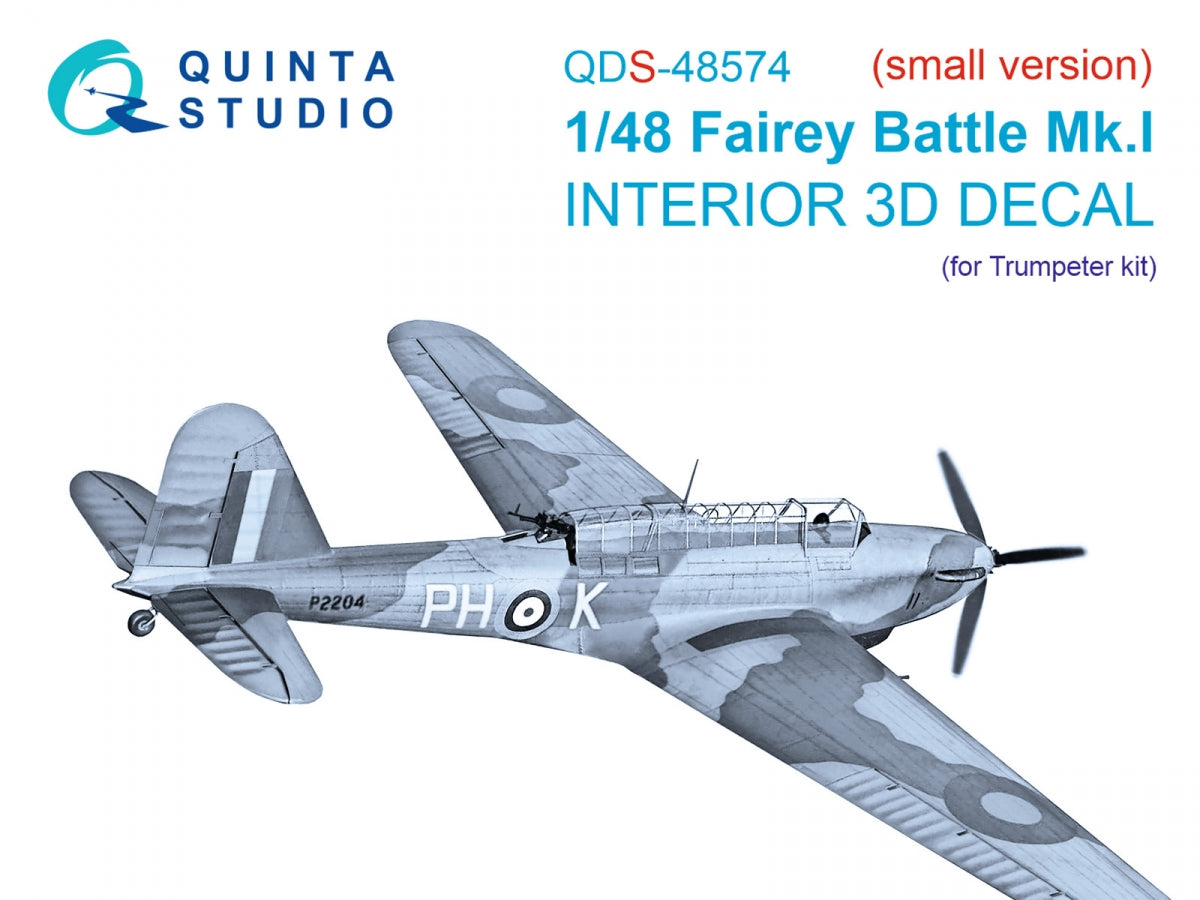 Quinta Studio QDS-48574 Fairey Battle Mk.I 3D-Printed &amp;amp; coloured Interior on decal paper (Trumpeter) (small version) 1/48
