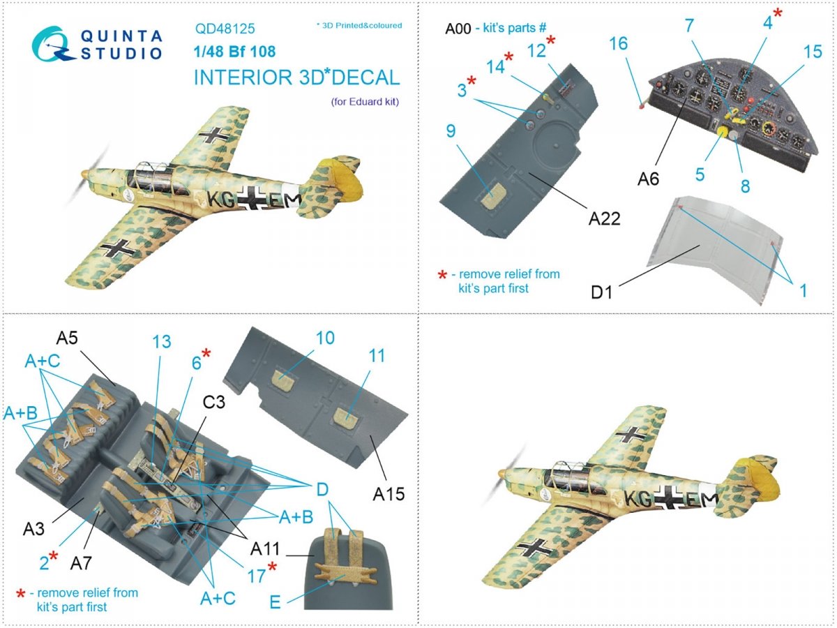 Quinta Studio QD48125 Bf108 3D-Printed &amp;amp; coloured Interior on decal paper (Eduard) 1/48 – Bild 12