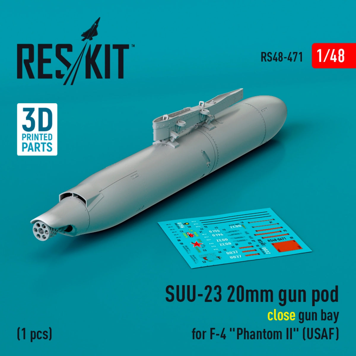 RESKIT RS48-0471 SUU-23 20mm gun pod (close gun bay) for F-4 &amp;quot;Phantom II&amp;quot; (USAF) (1 pcs) (3D Printed) 1/48