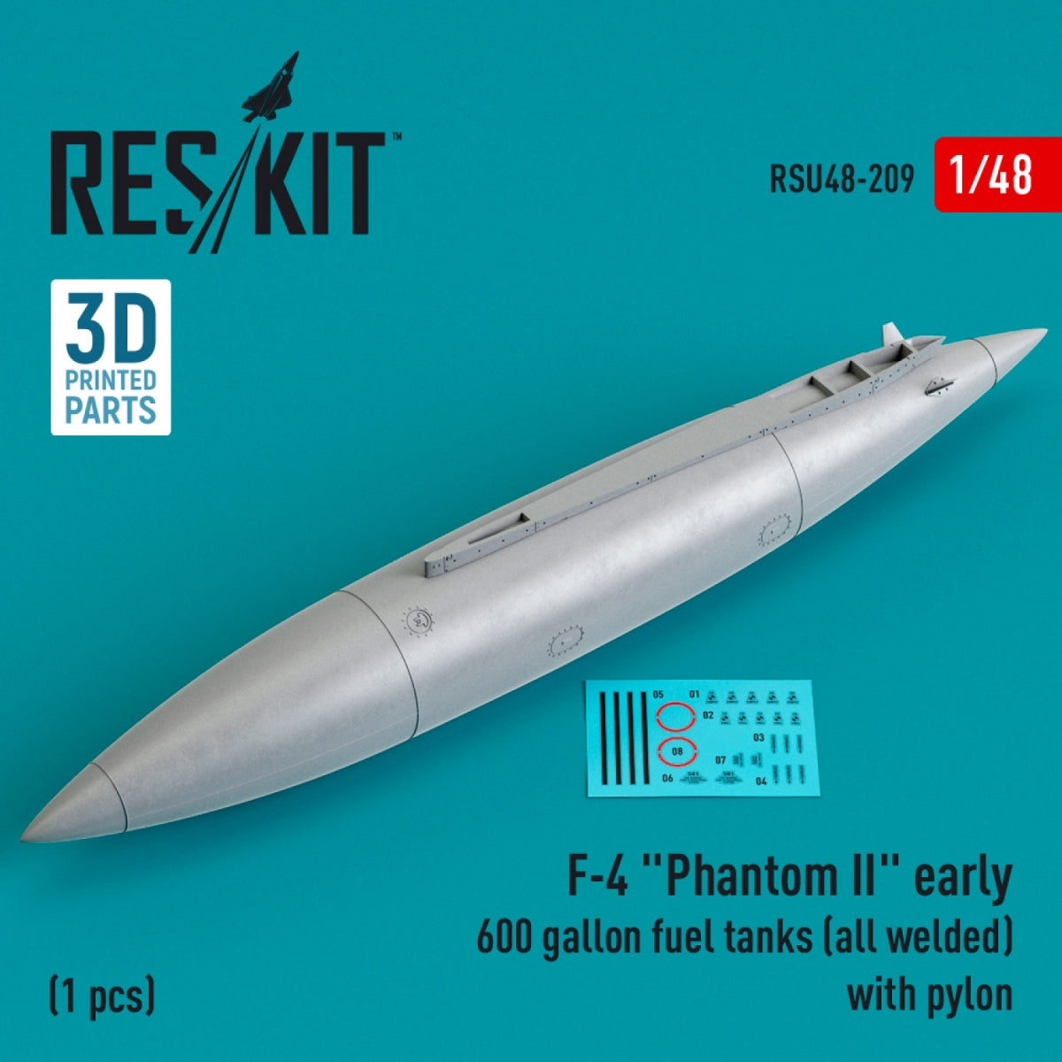 RESKIT RSU48-0209 F-4 &amp;quot;PHANTOM II&amp;quot; EARLY 600 GALLON FUEL TANK (ALL WELDED) WITH PYLON (1 PCS) (3D PRINTED) 1/48
