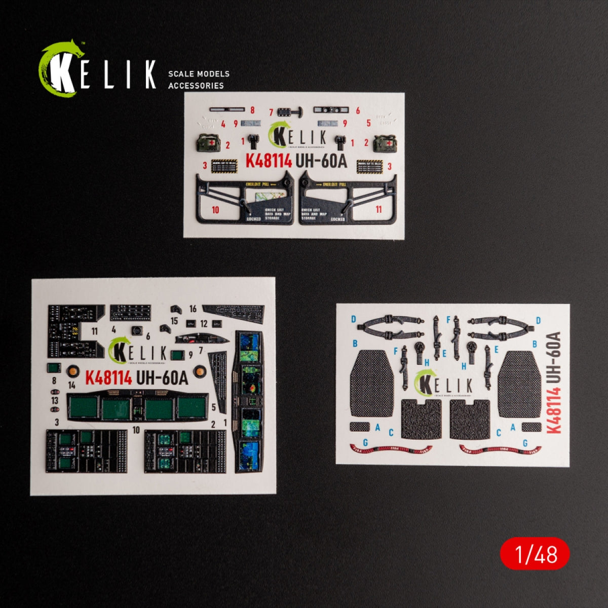 Décalcomanies 3D intérieures KELIK K48114 UH-60A Black Hawk - Type 2 « Renseignement de défense de l&amp;#39;Ukraine » pour maquette ICM au 1/48