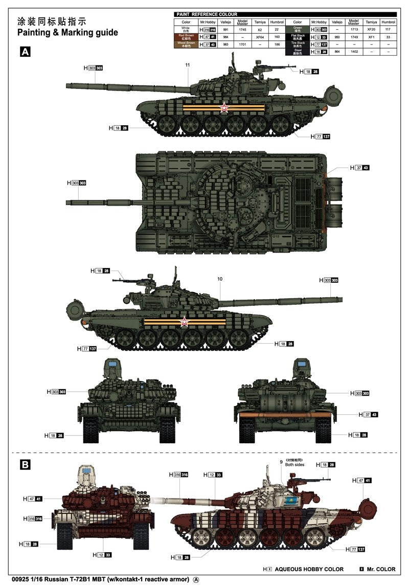 Trumpeter 00925 Russian T-72B1 MBT w/kontakt-1 reactive armor 1/16 – immagine 3