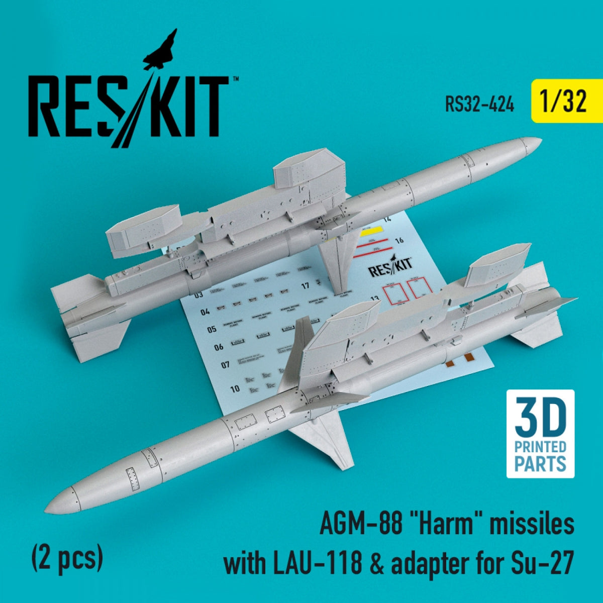 RESKIT RS32-0424 AGM-88 &amp;quot;HARM&amp;quot; MISSILES WITH LAU-118 &amp;amp; ADAPTER FOR SU-27 (2 PCS) 1/32