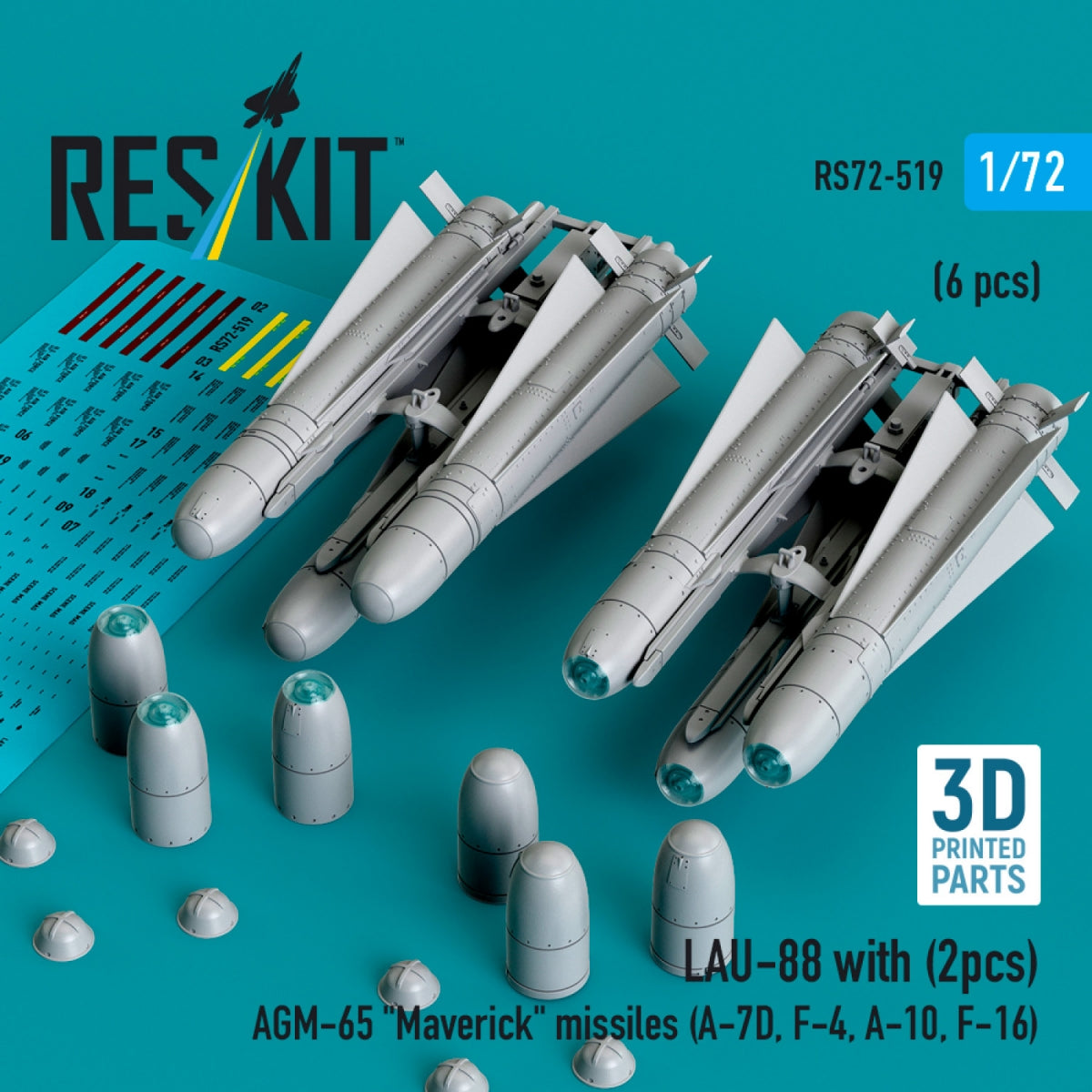 RESKIT RS72-0519 LAU-88 with (2 pcs) AGM-65 "Maverick" missiles (6 pcs) (3D Printed) 1/72
