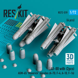 RESKIT RS72-0519 LAU-88 with (2 pcs) AGM-65 &amp;quot;Maverick&amp;quot; missiles (6 pcs) (3D Printed) 1/72