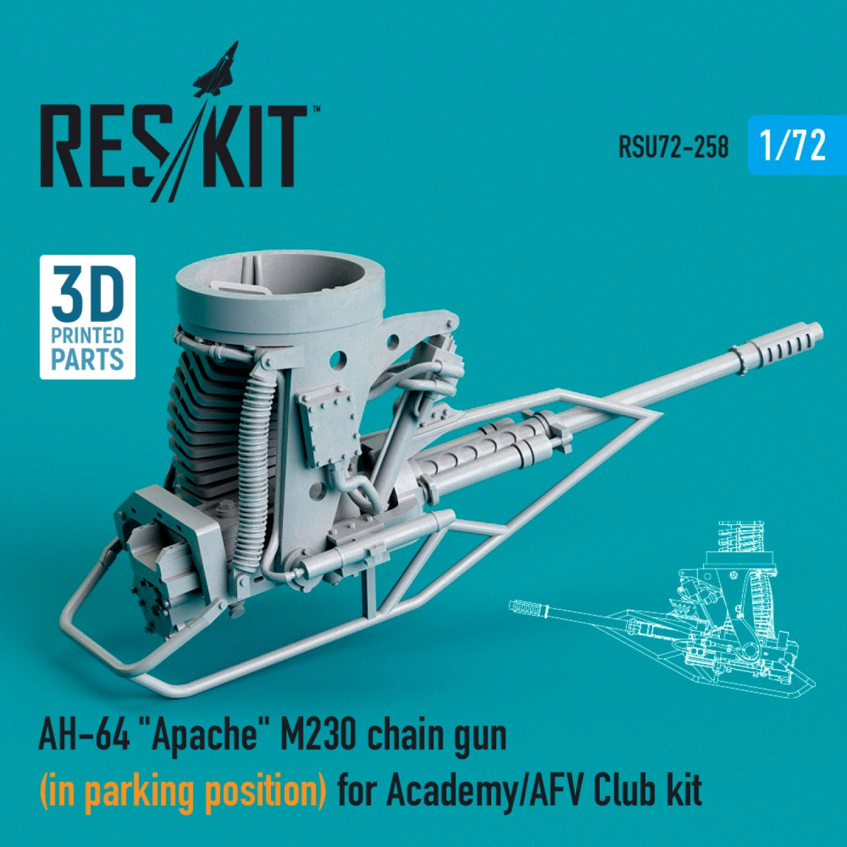RESKIT RSU72-0258 AH-64 « APACHE » M230 MAILLE TRONÇONNEUSE (EN POSITION DE STATIONNEMENT) POUR MAQUETTE ACADEMY / AFV CLUB (IMPRIMÉE EN 3D) 1/72