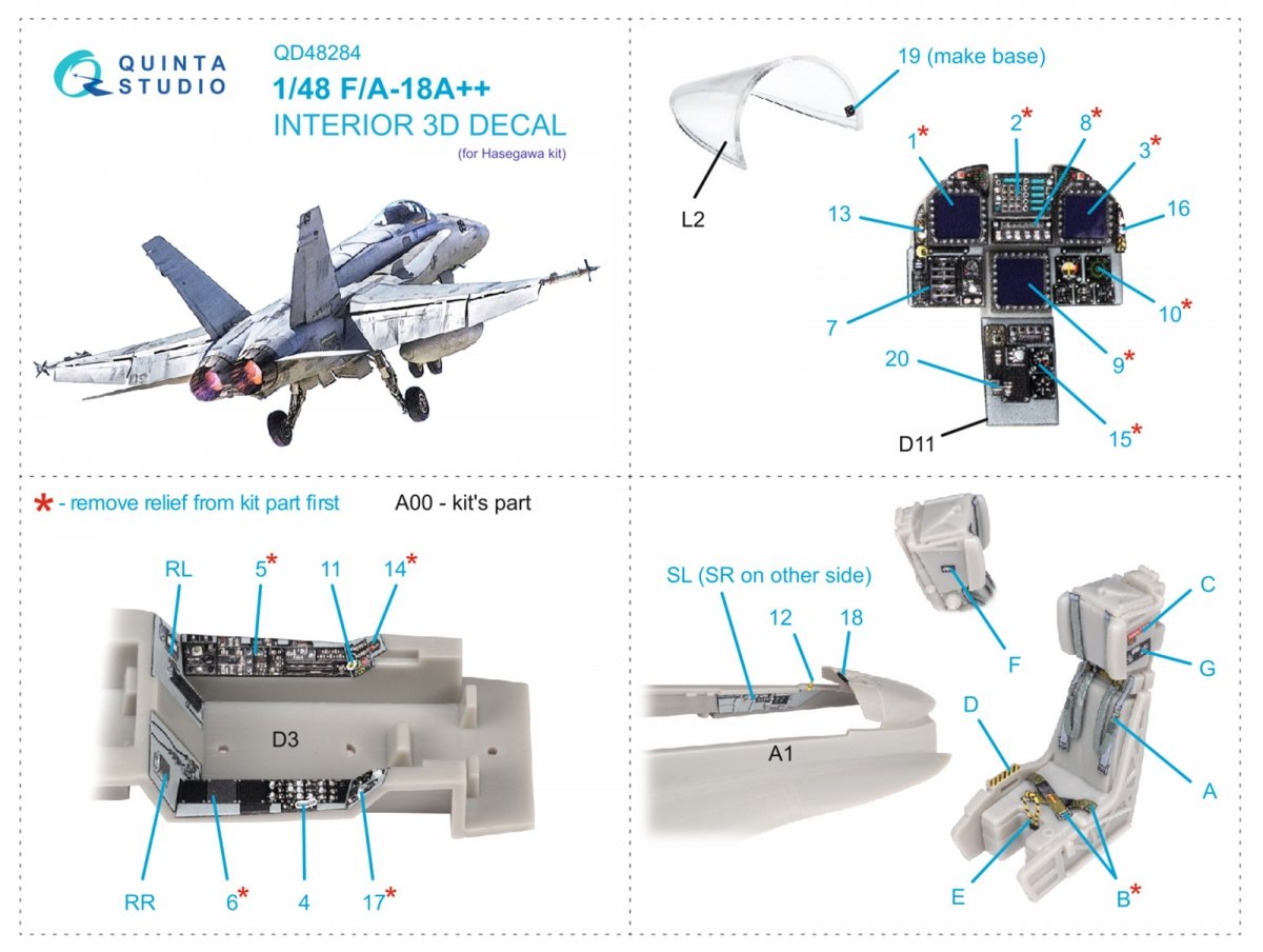 Quinta Studio QD48284 F/A-18A++ 3D-Printed &amp;amp; coloured Interior on decal paper (Hasegawa) 1/48 – zdjęcie 2