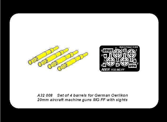 Aber A32008 Set of 4 barrels for German Oerlikon 20mm aircraft machine guns MG FF with sights 1/32 – Bild 6