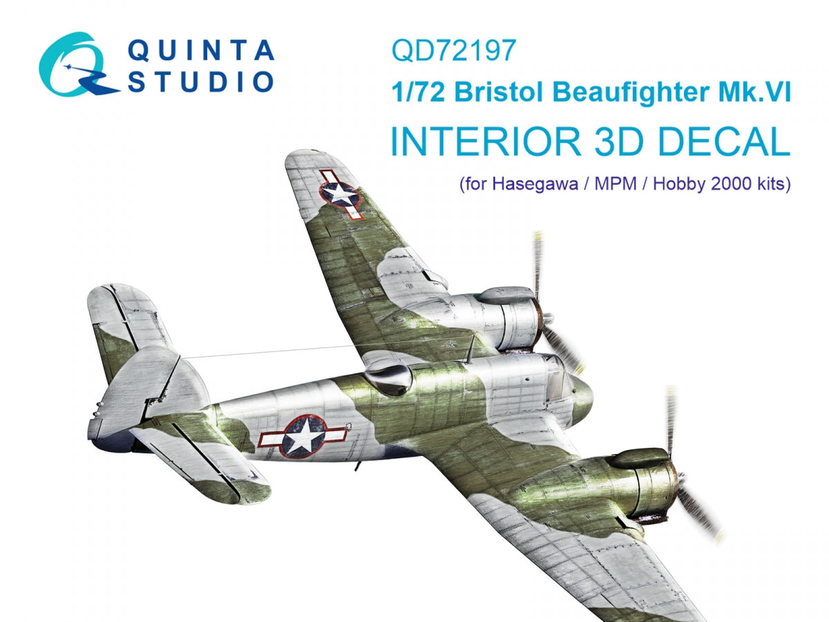 Quinta Studio QD72197 Bristol Beaufighter Mk.VI 3D-Printed &amp;amp; coloured Interior on decal paper (Hasegawa/MPM/Hobby2000) 1/72