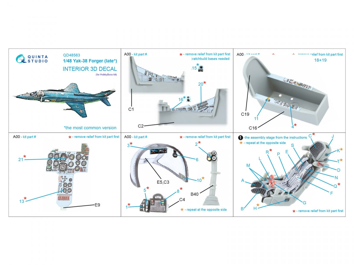 Quinta Studio QD48563 Yak-38 3D-Printed &amp; coloured Interior on decal paper ( HobbyBoss ) 1/48