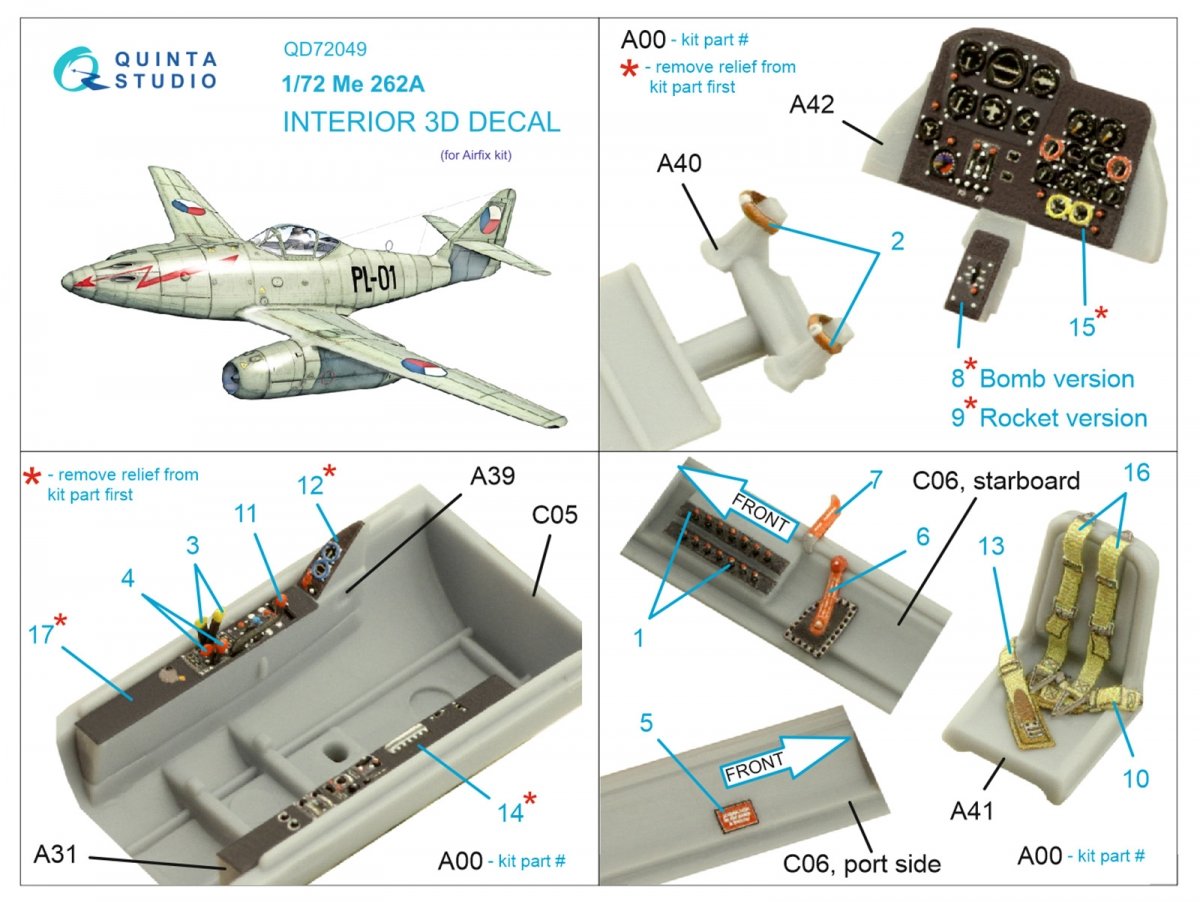 Quinta Studio QD72049 Me-262A 3D-Printed &amp;amp; coloured Interior on decal paper (Airfix) 1/72 – Bild 2