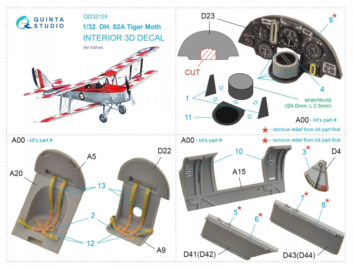 Quinta Studio QD32124 DH 82A Tiger Moth 3D-Printed &amp;amp; coloured Interior on decal paper (ICM) 1/32 – Bild 5