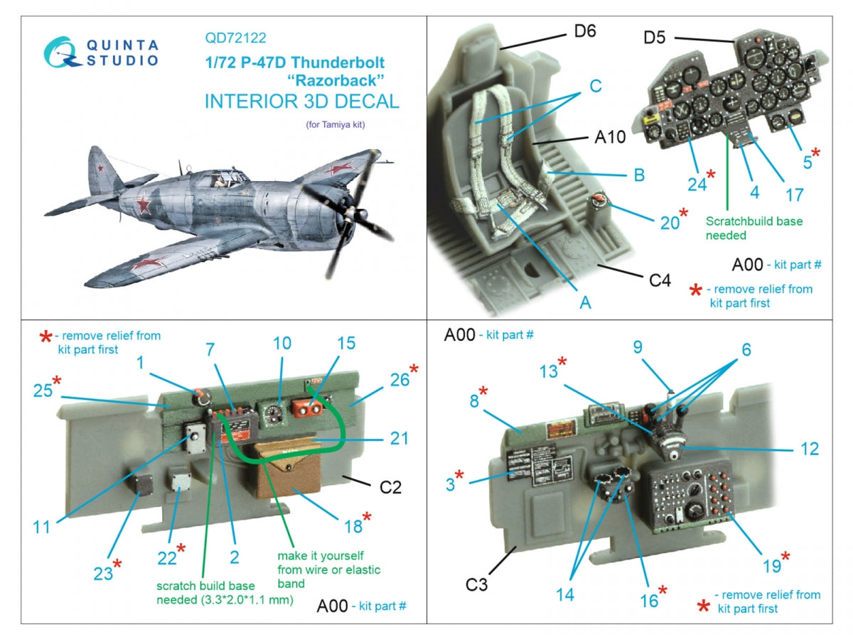Quinta Studio QD72122 P-47D Thunderbolt Razorback 3D-Printed &amp;amp; coloured Interior on decal paper (Tamiya) 1/72 – zdjęcie 2