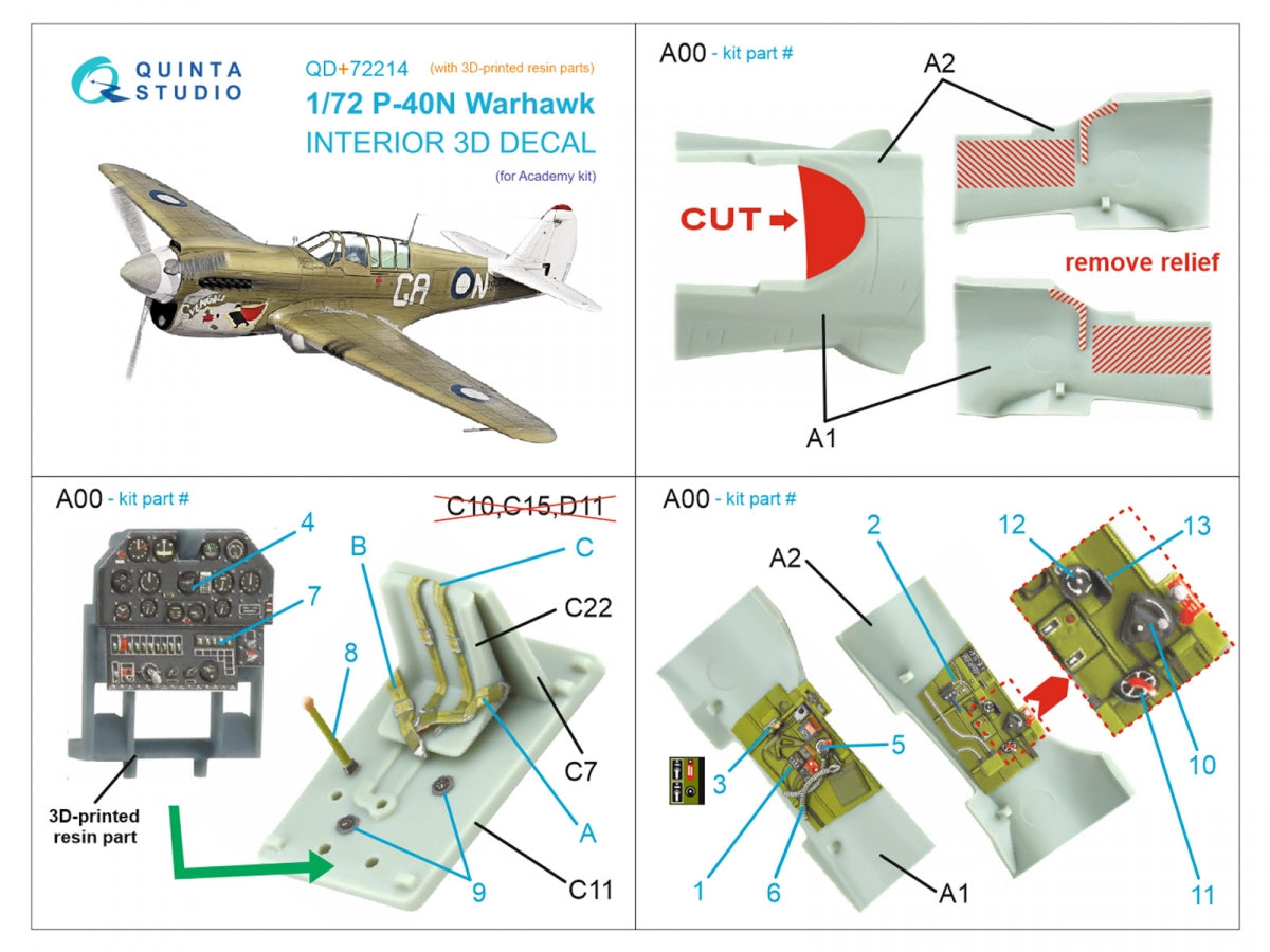 Quinta Studio QD+72214 P-40N Warhawk 3D-Printed &amp;amp; coloured Interior on decal paper (Academy) (with 3D-printed resin parts) 1/72 – immagine 11