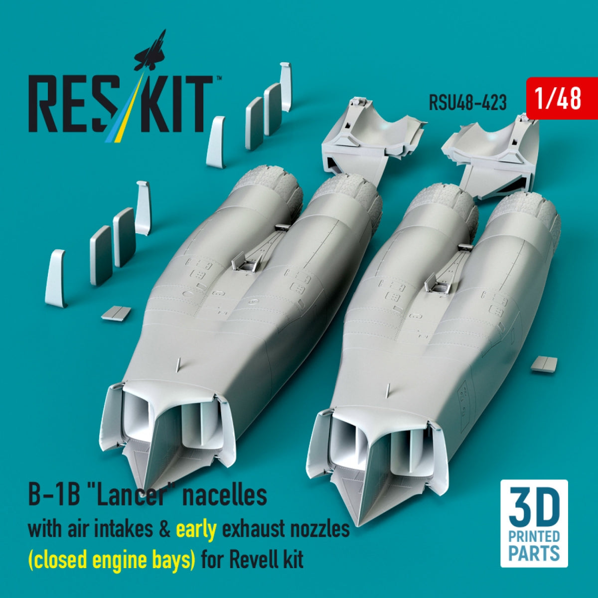 RESKIT RSU48-0423 B-1B "Lancer" nacelles with air intakes & early exhaust nozzles (сlosed engine bays) for Revell kit (3D Printed) 1/48
