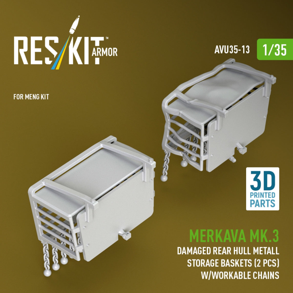 RESKIT AVU35-0013 Merkava Mk.3 damaged rear hull metall storage baskets (2 pcs) w/workable chains for Meng kit (3D Printed) 1/35