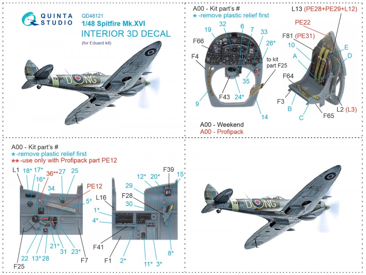 Quinta Studio QD48121 Spitfire Mk.XVI 3D-Printed &amp;amp; coloured Interior on decal paper (Eduard) 1/48 – zdjęcie 12