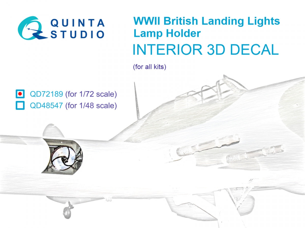 Support de lampe Quinta Studio QD72189 pour phares d'atterrissage britanniques de la Seconde Guerre mondiale, imprimé en 3D et coloré. Intérieur sur papier décalcomanie (tous kits) 1/72