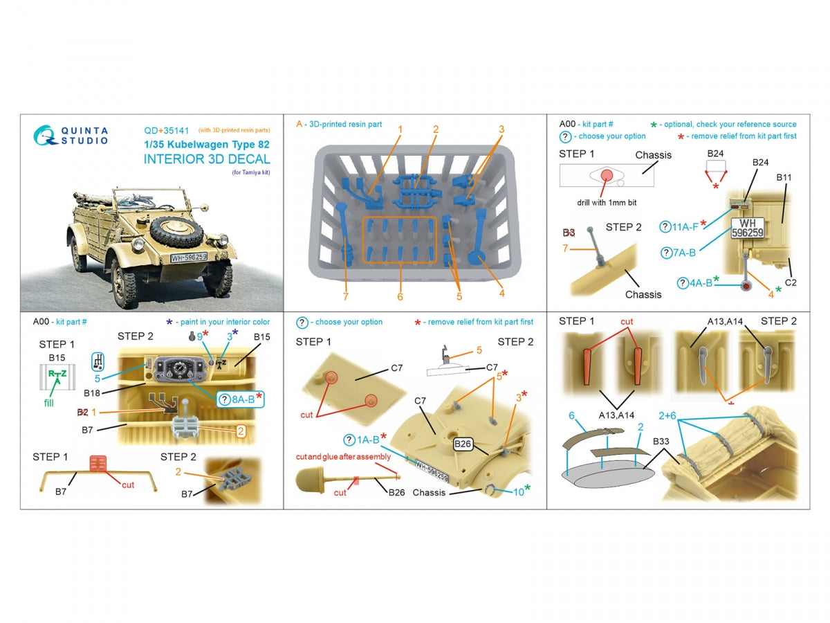 Quinta Studio QD+35141 Kubelwagen Type 82 3D-Printed &amp;amp; coloured Interior on decal paper (Tamiya) (with 3D-printed resin parts) 1/35 – Bild 15