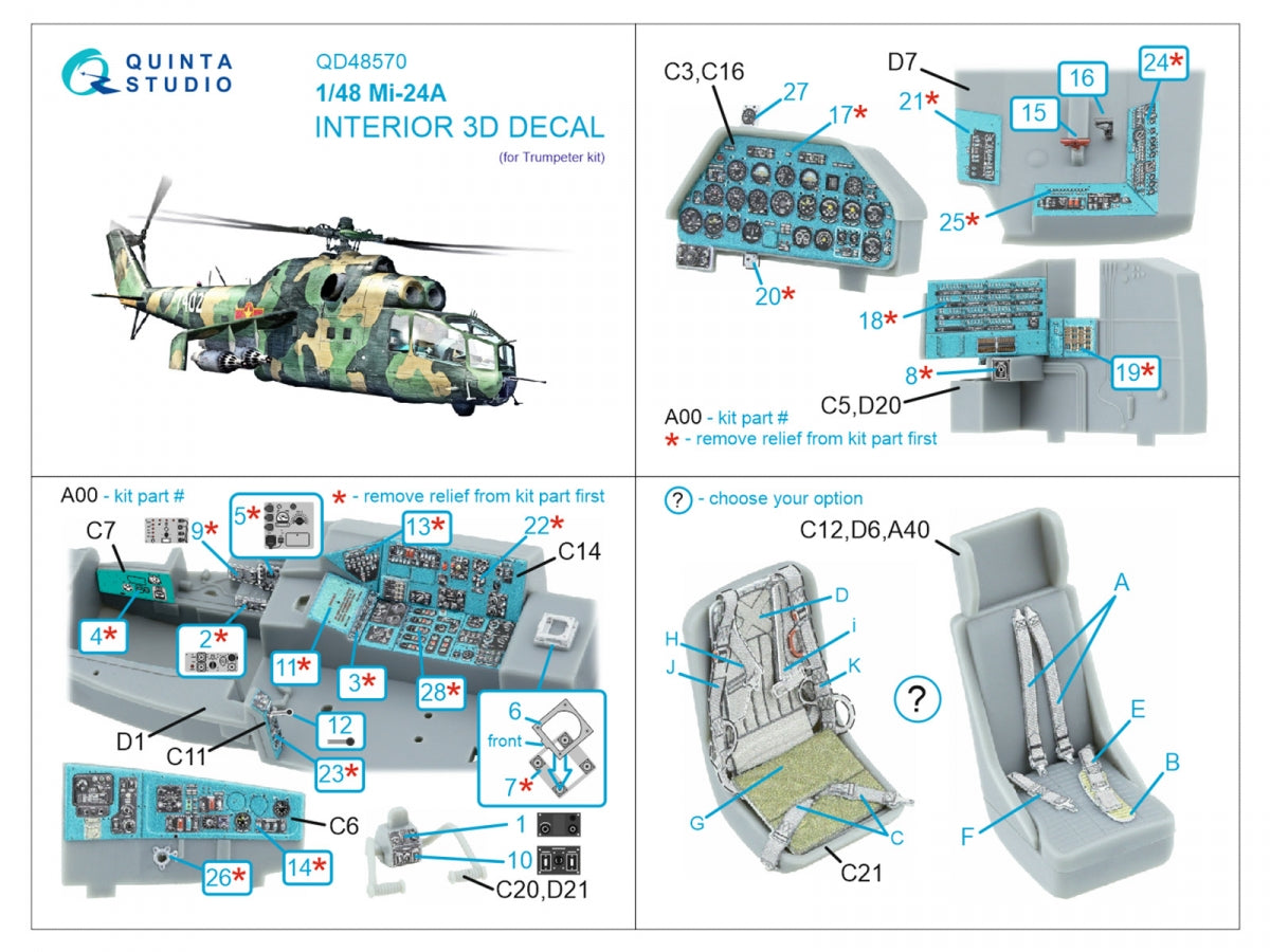 Quinta Studio QD48570 Mi-24A 3D-Printed &amp;amp; coloured Interior on decal paper (Trumpeter) 1/48 – immagine 7