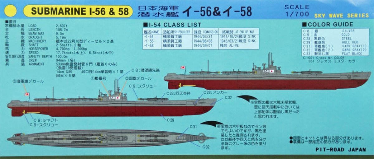 Pit-Road W122 Sous-marin japonais de type I-54, classe I-56 et I-58, échelle 1/700 – image 2