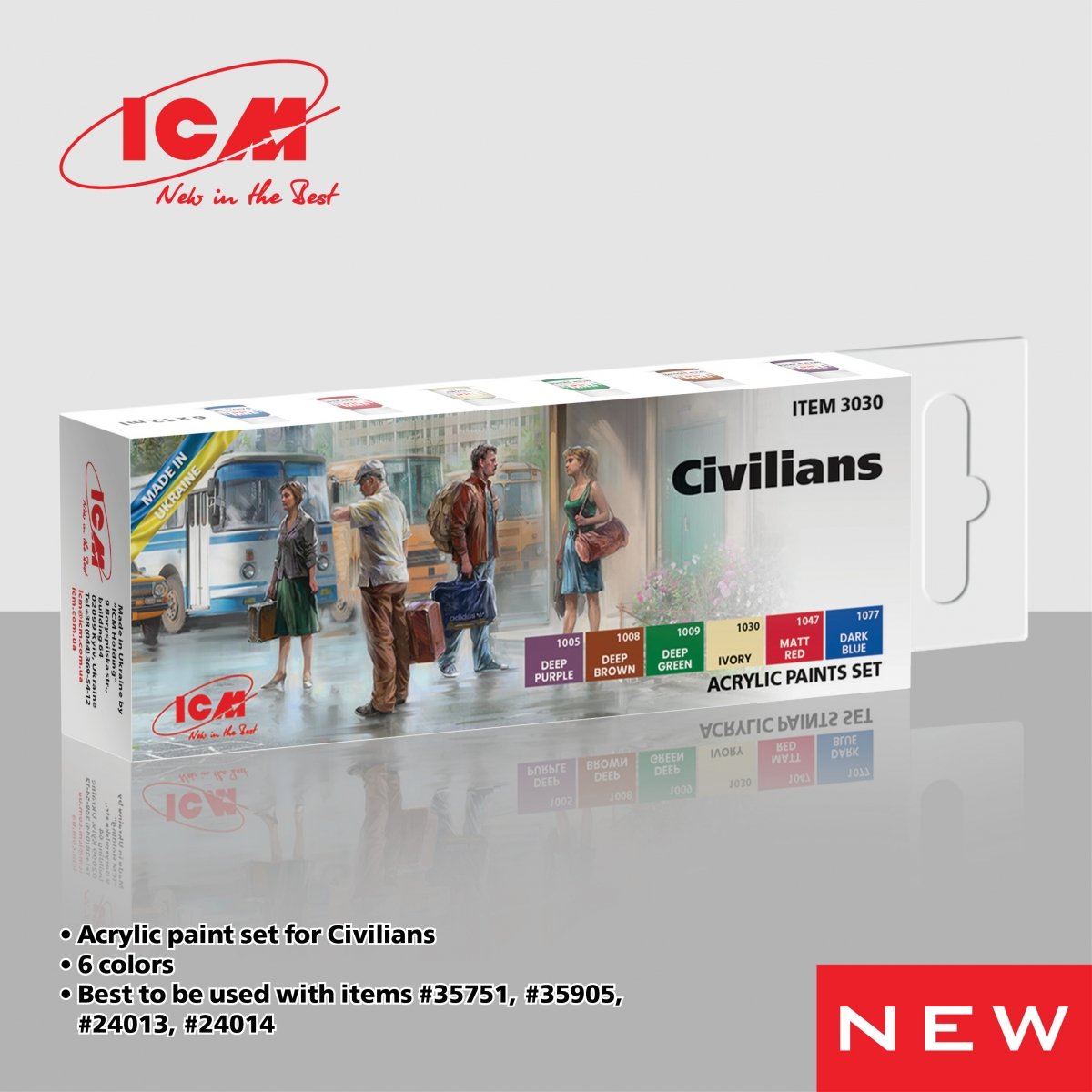 Coffret de peintures acryliques ICM 3030 « Civils » 6 x 12 ml