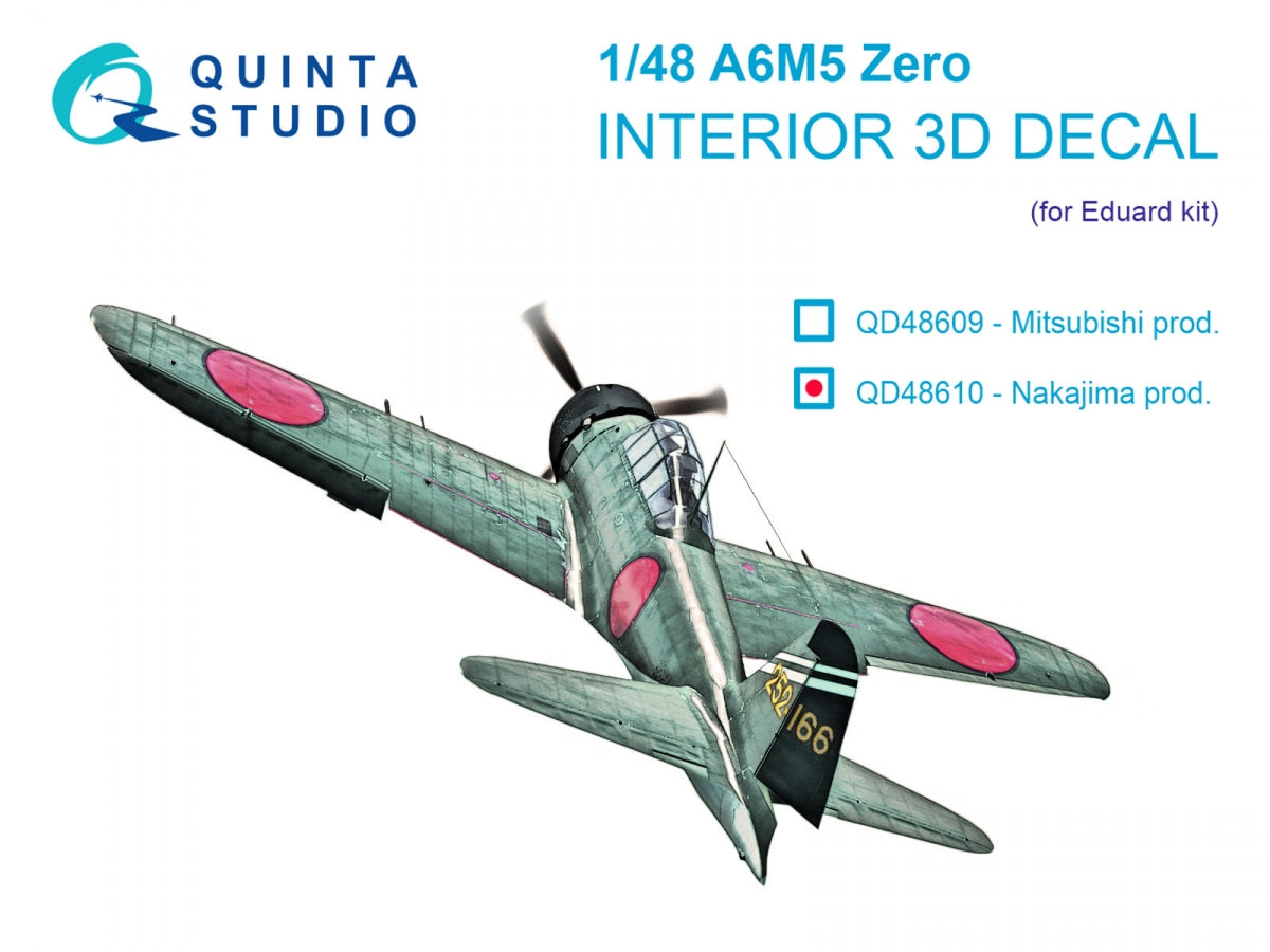 Quinta Studio QD48610 A6M5 Zero (Nakajima Production) 3D-Printed &amp;amp; coloured Interior on decal paper (Eduard) 1/48