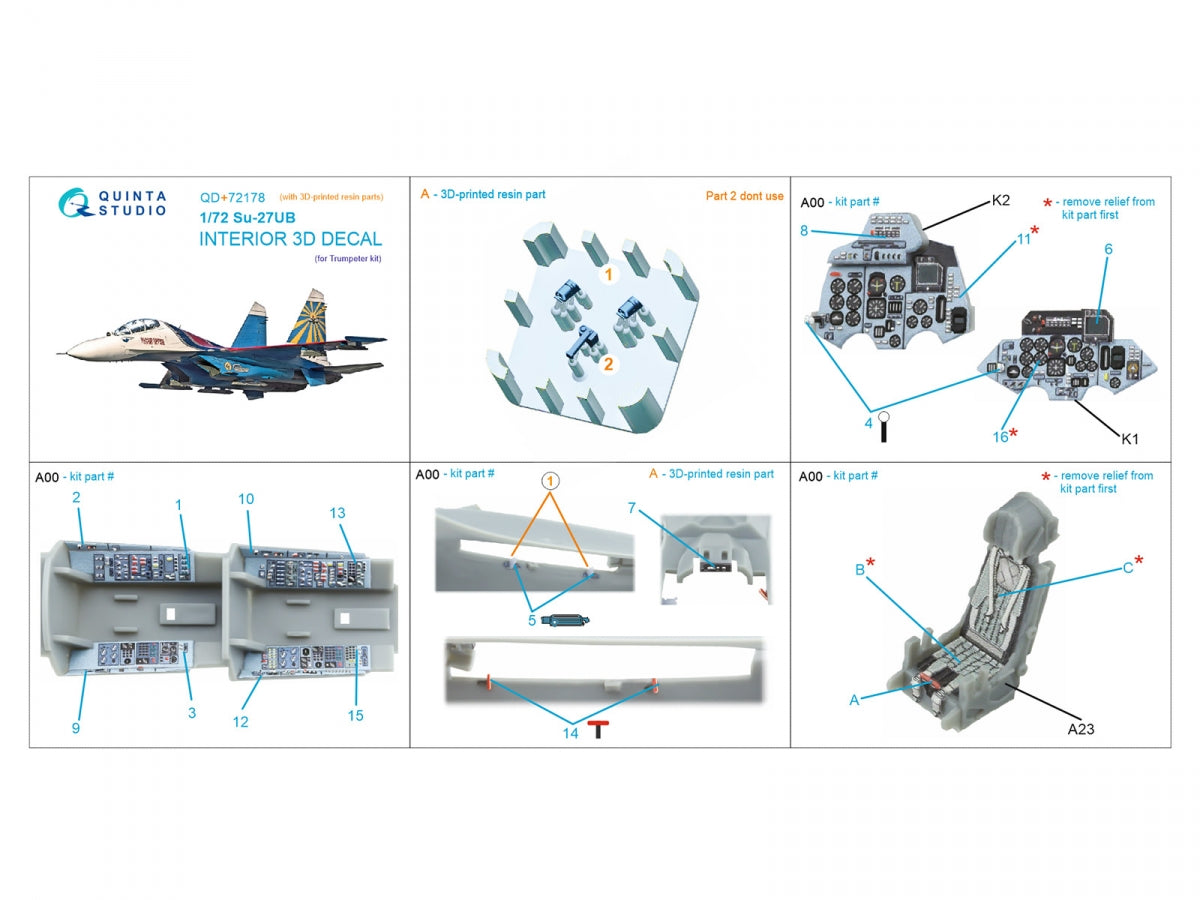Quinta Studio QD+72178 Su-27UB 3D-Printed &amp;amp; coloured Interior on decal paper (Trumpeter) (with 3D-printed resin part) 1/72 – zdjęcie 2