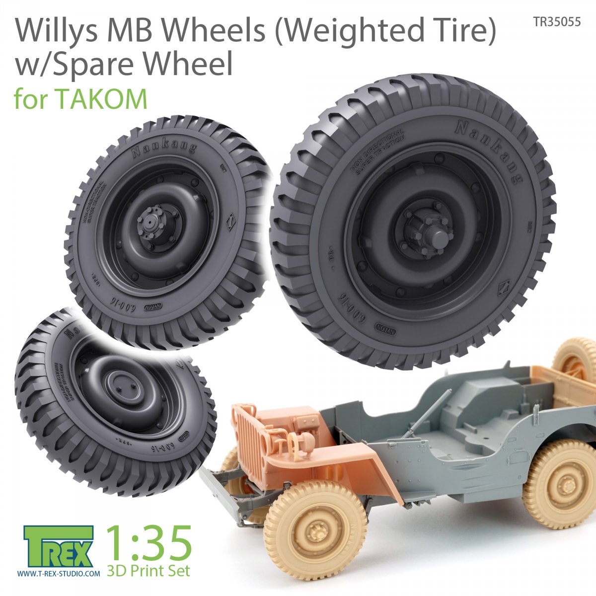 Roues T-Rex Studio TR35055 Willys MB (pneu lesté) avec roue de secours 1/35