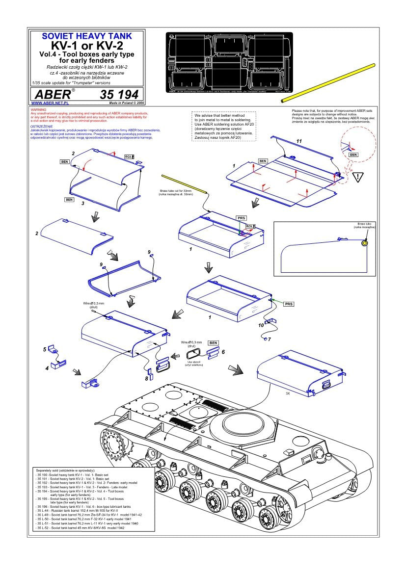 Aber 35194 Russian heavy tank KV-1, KV-2 - vol. 4 - additional set - tool boxes early type for early fenders 1/35 – immagine 5