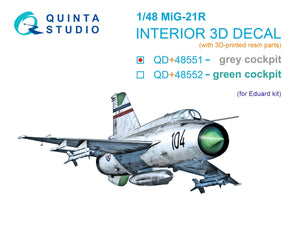 Quinta Studio QD+48551 MiG-21R (panneaux de cockpit gris) Intérieur imprimé en 3D et coloré sur papier décalcomanie (Eduard) (avec pièces en résine imprimées en 3D) 1/48