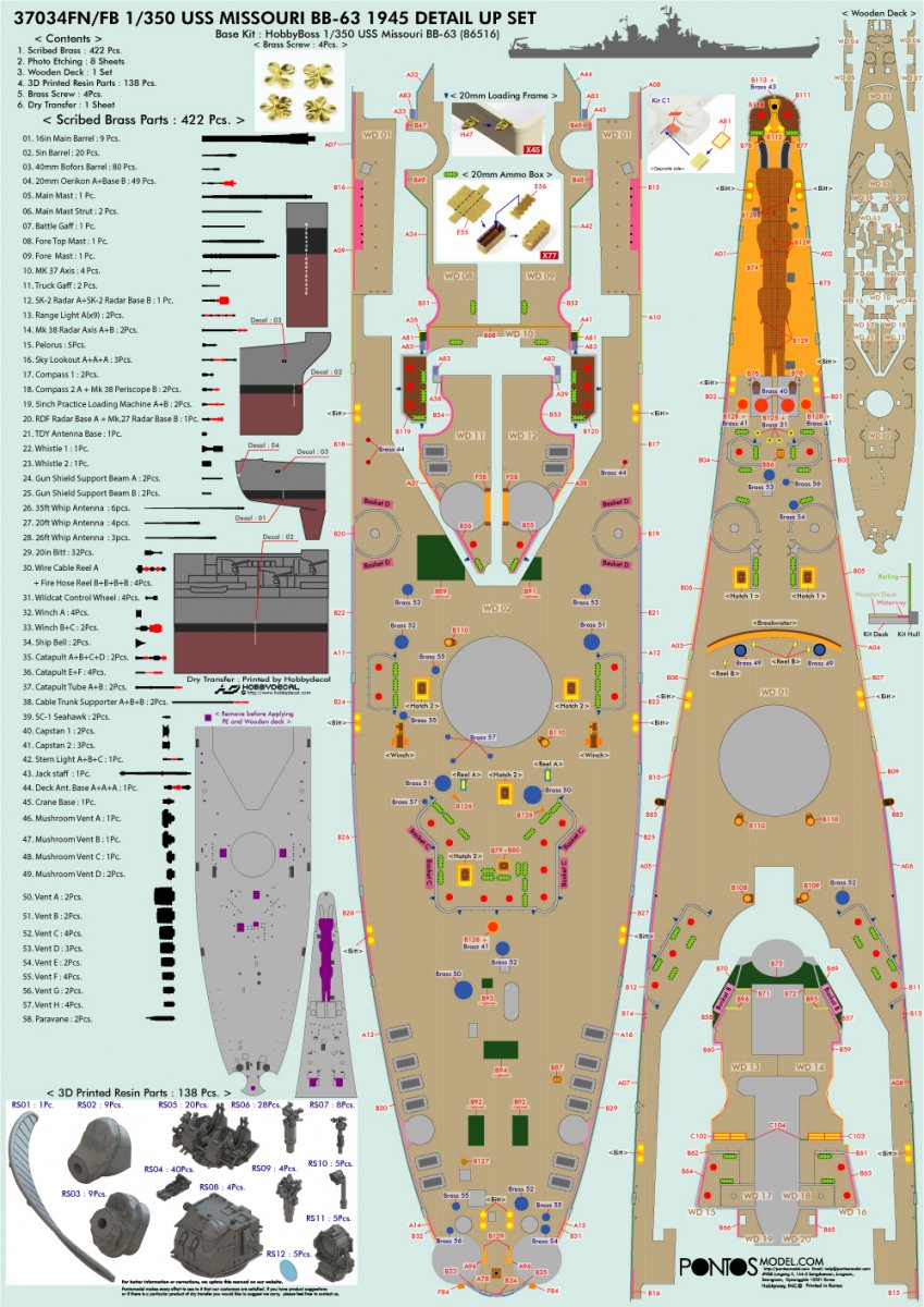 Pontos 37034FN USS BB-63 Missouri 1945 &amp;quot;Advanced&amp;quot; Detail Up Set for Hobbyboss Kit (Teak Tone wooden deck) 1/350 – immagine 8