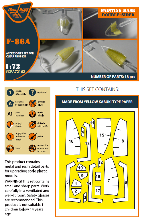 Clear Prop! CPA72162 F-86A double-sided painting mask on &amp;quot;yellow kabuki paper&amp;quot; for CP kits 1/72 – Bild 2