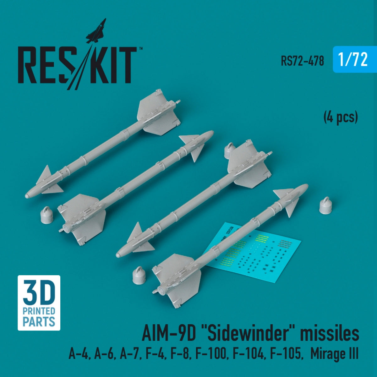 RESKIT RS72-0478 AIM-9D "Sidewinder" missiles (4 pcs) (3D Printed) 1/72