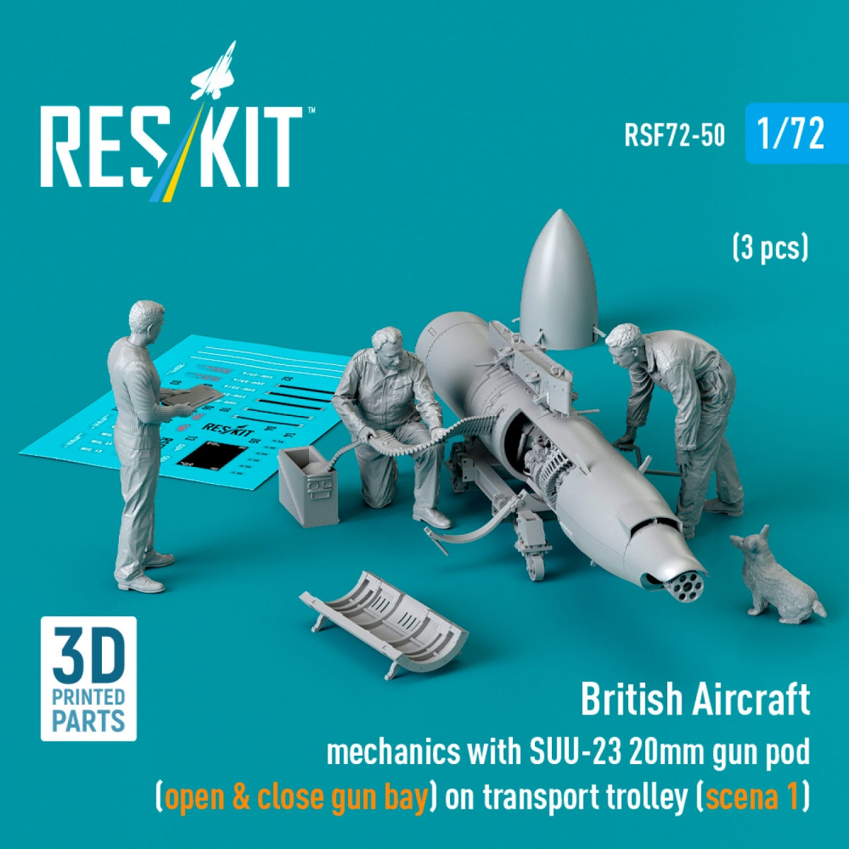 RESKIT RSF72-0050 British Aircraft mechanics with SUU-23 20mm gun pod (open &amp; close gun bay) on transport trolley (scene 1) (3 pcs) (3D Printed) 1/72