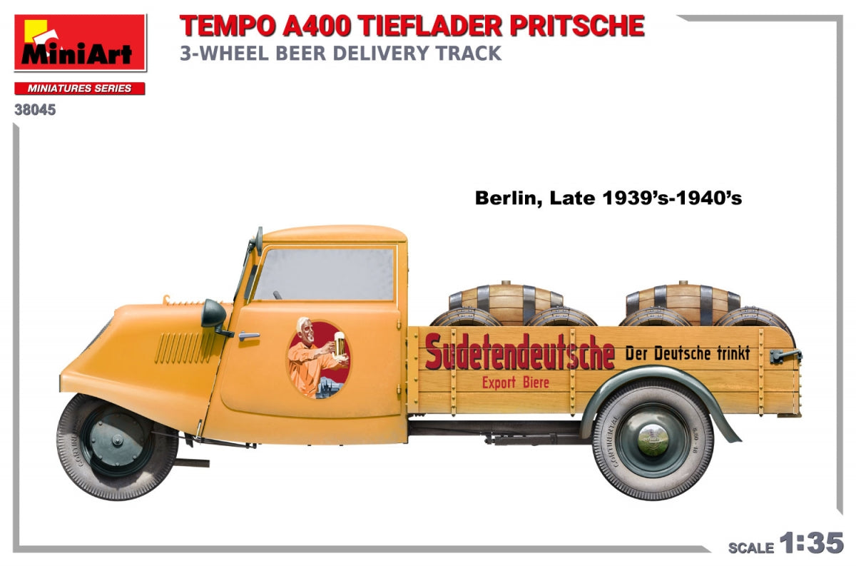 MiniArt 38045 TEMPO A400 TIEFLADER PRITSCHE 3-WHEEL BEER DELIVERY TRUCK 1/35 – immagine 3