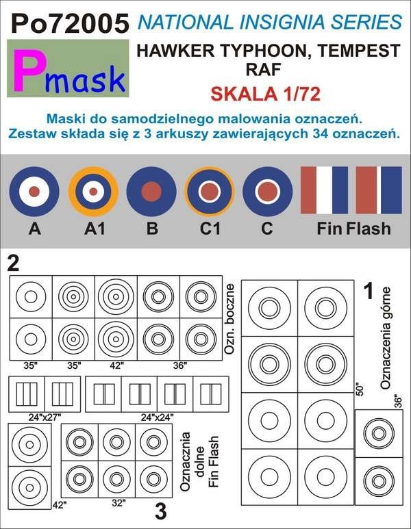 Masques P-Mask PO72005 HAWKER TYPHOON, TEMPEST RAF MARKINGS MASKS (1/72)