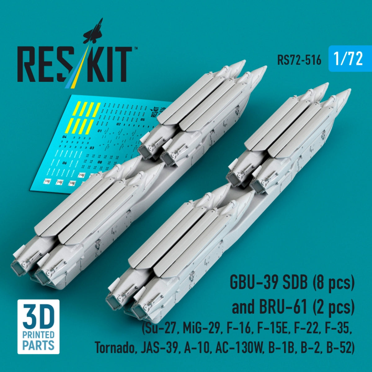 RESKIT RS72-0516 GBU-39 SDB (8 pcs) and BRU-61 (2 pcs) (Su-27, MiG-29, F-16, F-15E, F-22, F-35, Tornado, JAS-39, A-10, AC-130W, B-1B, B-2, B-52) (3D Printed) 1/72