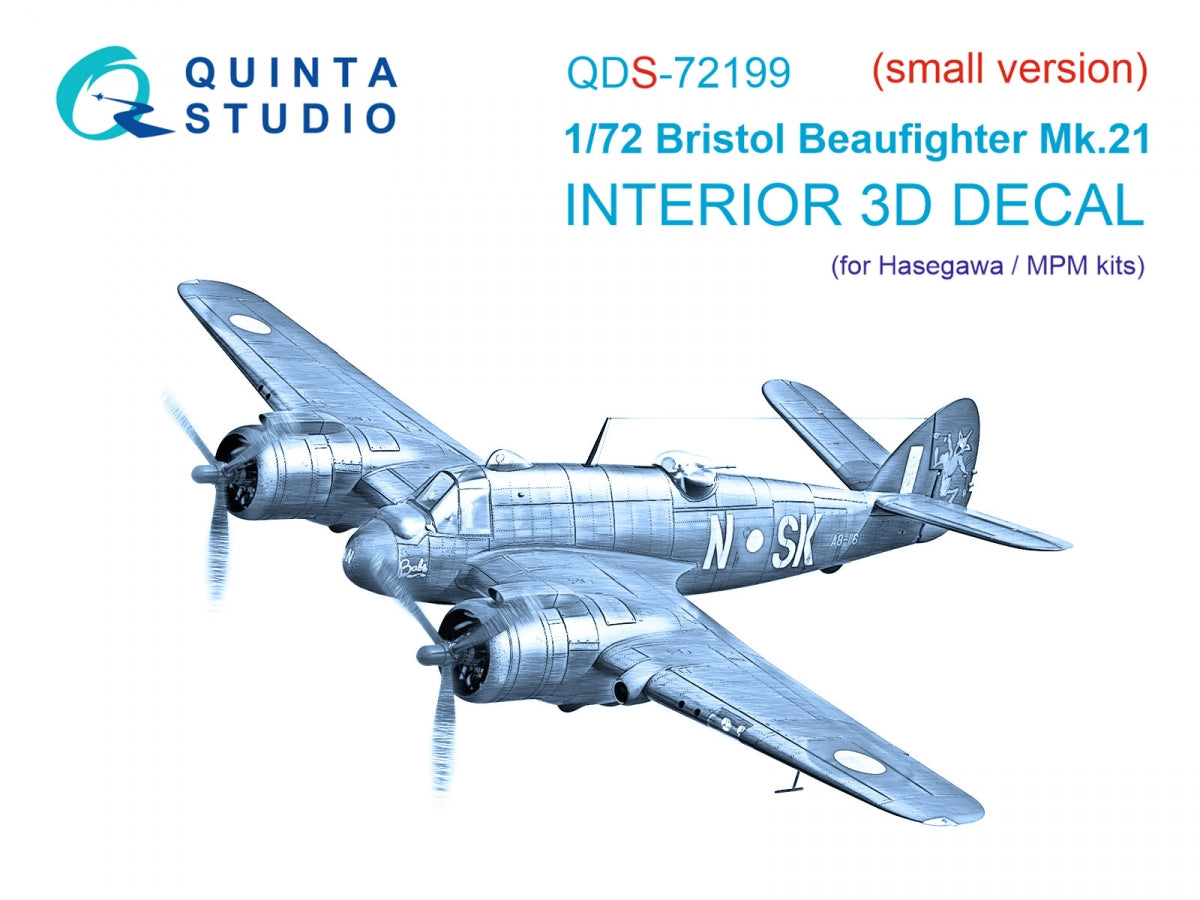 Intérieur imprimé en 3D et coloré sur papier décalcomanie Quinta Studio QDS-72199 Bristol Beaufighter Mk.21 (petite version) 1/72