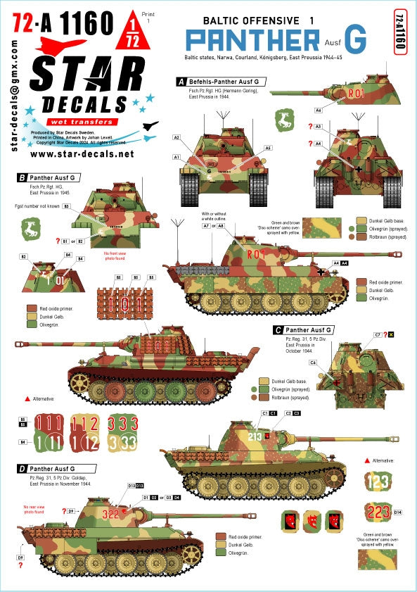 Star Decals 72-A1160 Panther Ausf G. Offensive baltique n° 1. Fsch.Pz.Reg. HG et 5. Pz.Div. en 1944-45. Pays baltes - Narwa - Courlande - Königsberg - Prusse-Orientale 1/72