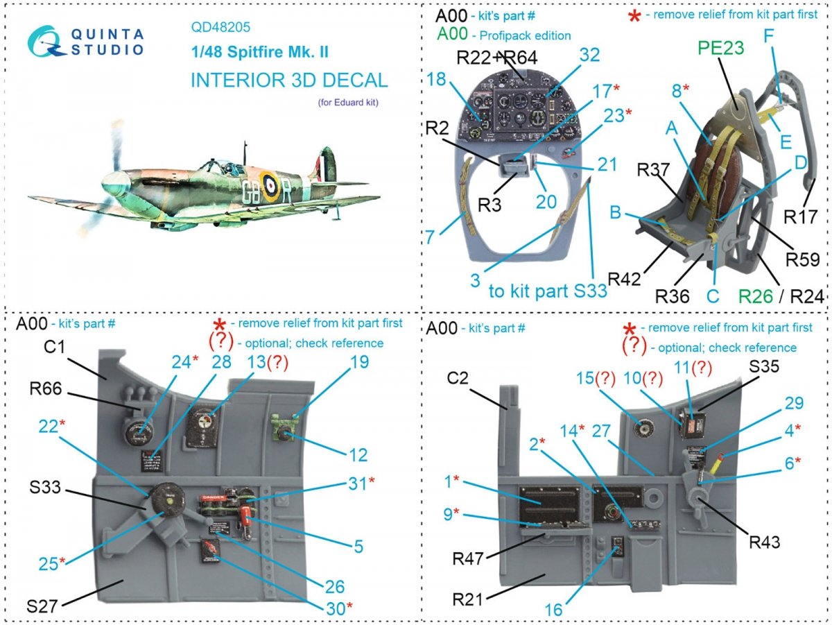 Quinta Studio QD48205 Spitfire Mk.II 3D-Printed &amp;amp; coloured Interior on decal paper (Eduard) 1/48 – immagine 12