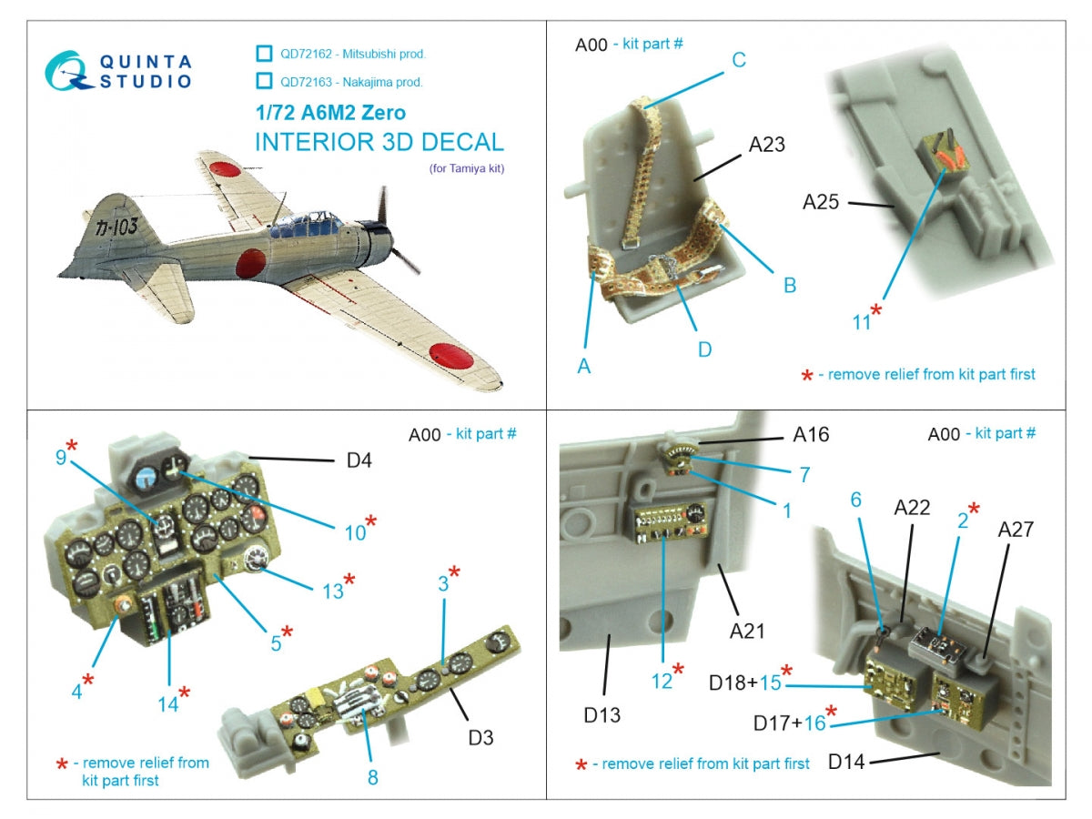 Quinta Studio QD72162 A6M2 Zero (Mitsubishi Prod.) 3D-Printed coloured Interior on decal paper (Tamiya) 1/72 – Bild 2