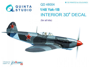 Quinta Studio QD48004 Yak-1B (late production) 3D-Printed &amp;amp; coloured Interior on decal pape (for all kits) 1/48