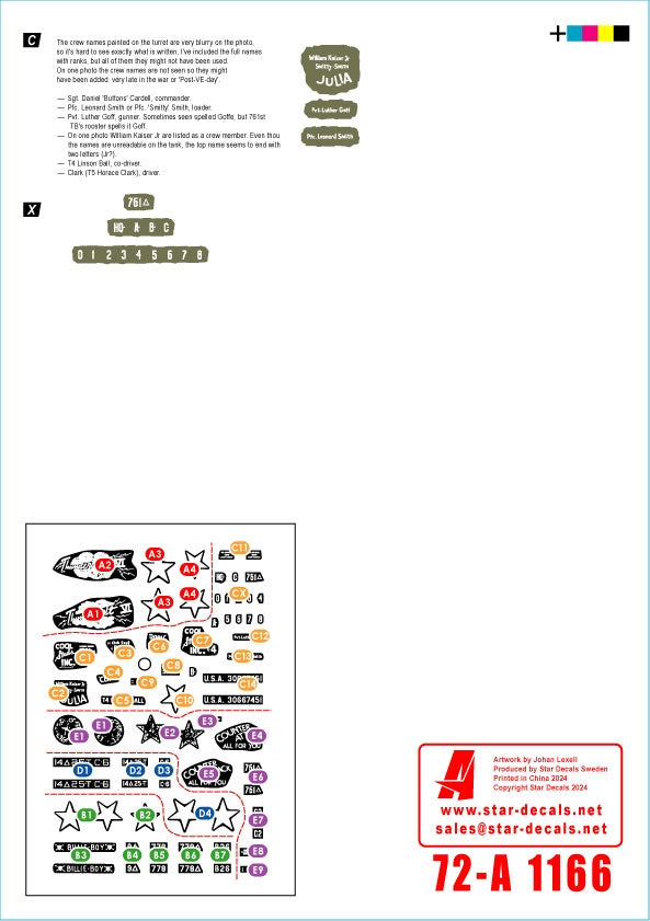 Star Decals 72-A1166 US M4A3(76) in Europe 1944-45. 25th Tk Bn. 37th Tk Bn. 761st Tk Bn. 778th Tk Bn 1/72 – immagine 2