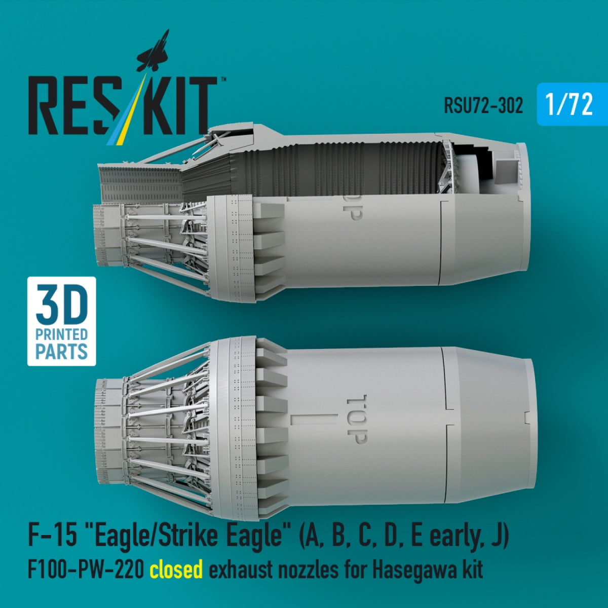 RESKIT RSU72-0302 F‑15 "Eagle/Strike Eagle" (A, B, C, D, E early, J) F100-PW-220 closed exhaust nozzles for Hasegawa kit (3D Printed) 1/72